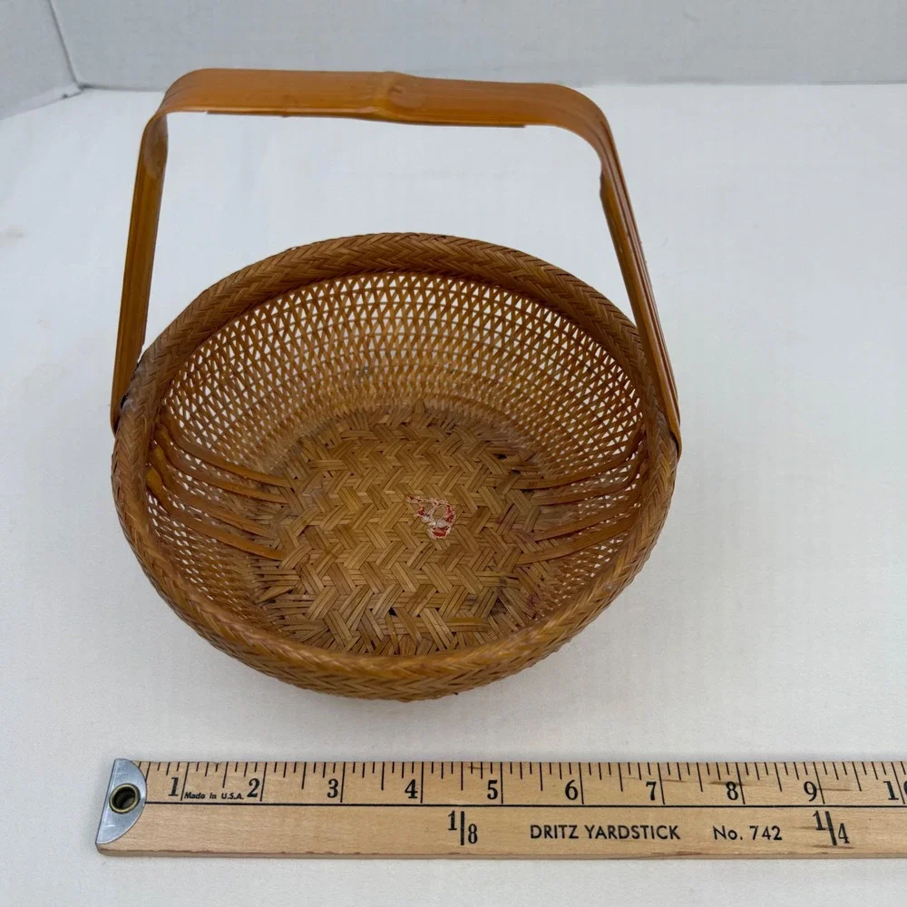 Vintage Woven Bamboo Basket Round Arched Handle Star Base Brown 8.5 Inch